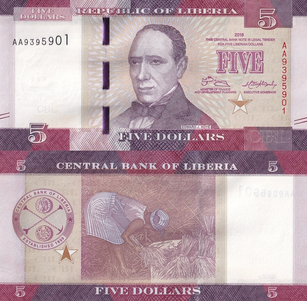 Liberia 5 Dollars 2016 P 31a UNC AA First Prefix