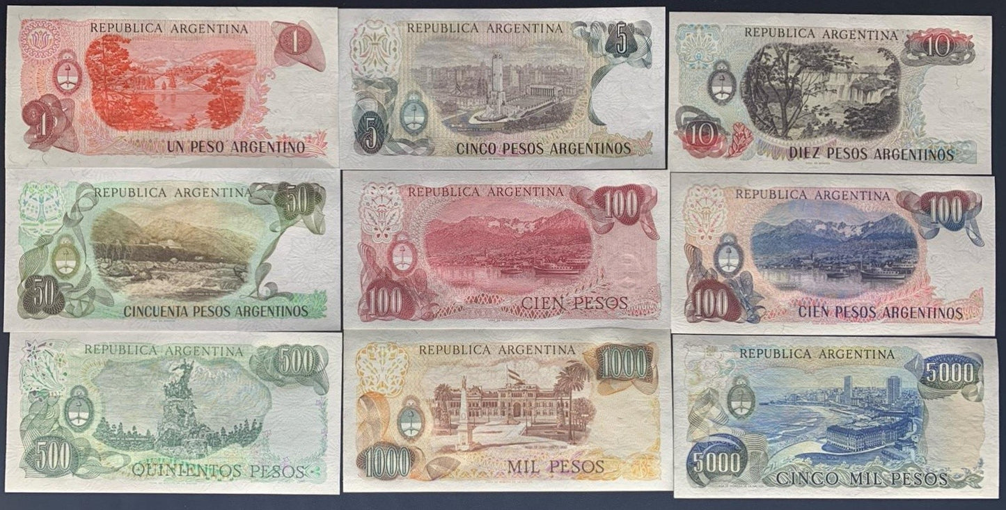 Argentina 1 5 10 50 100-5000 Pesos ND 1976-1985 P 302 303-305 311-315 UNC Set 9