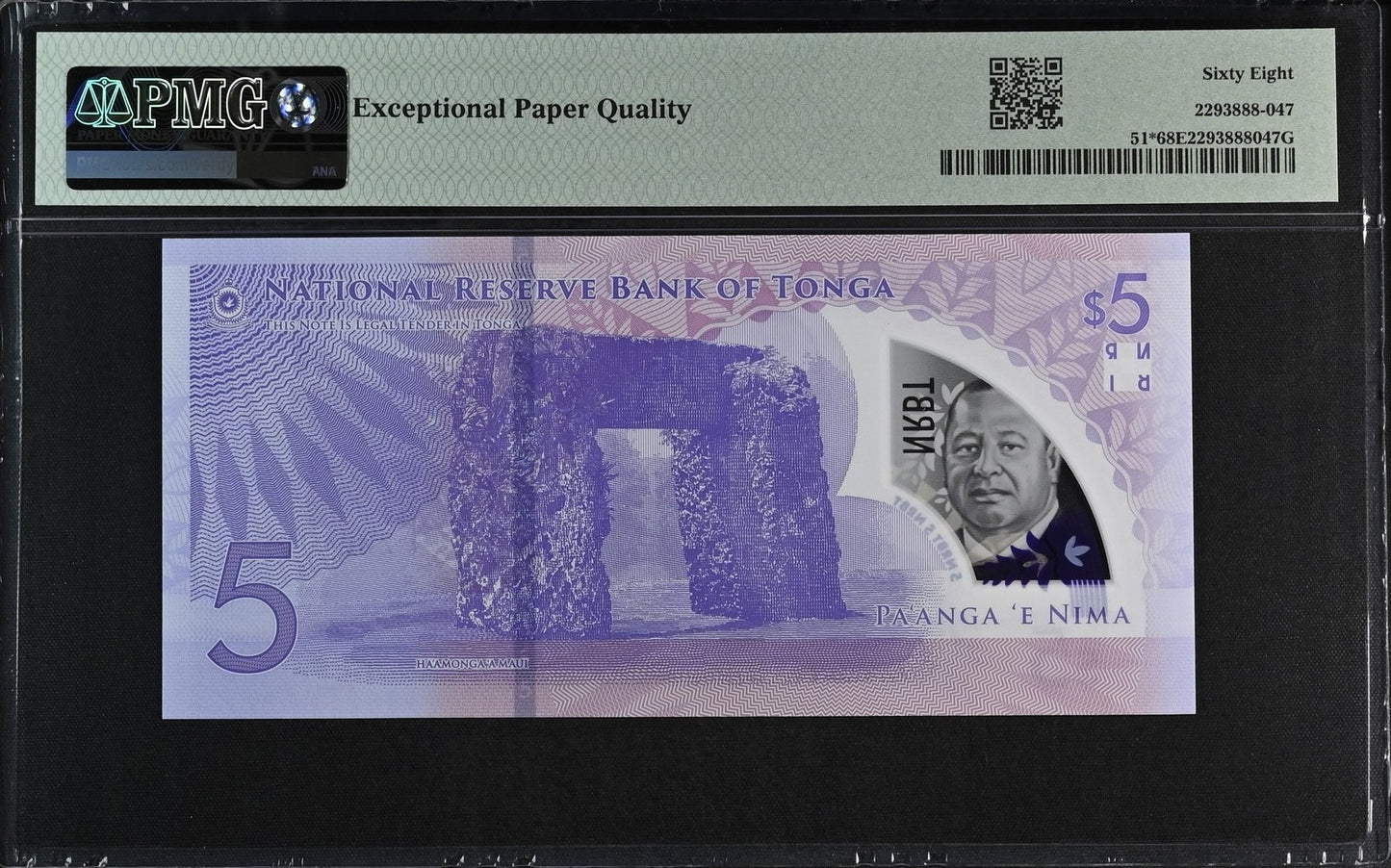 Tonga Replacement 5 Pa'anga ND 2023 P 51* UNC PMG 68 EPQ Binary-Repeater TOP POP