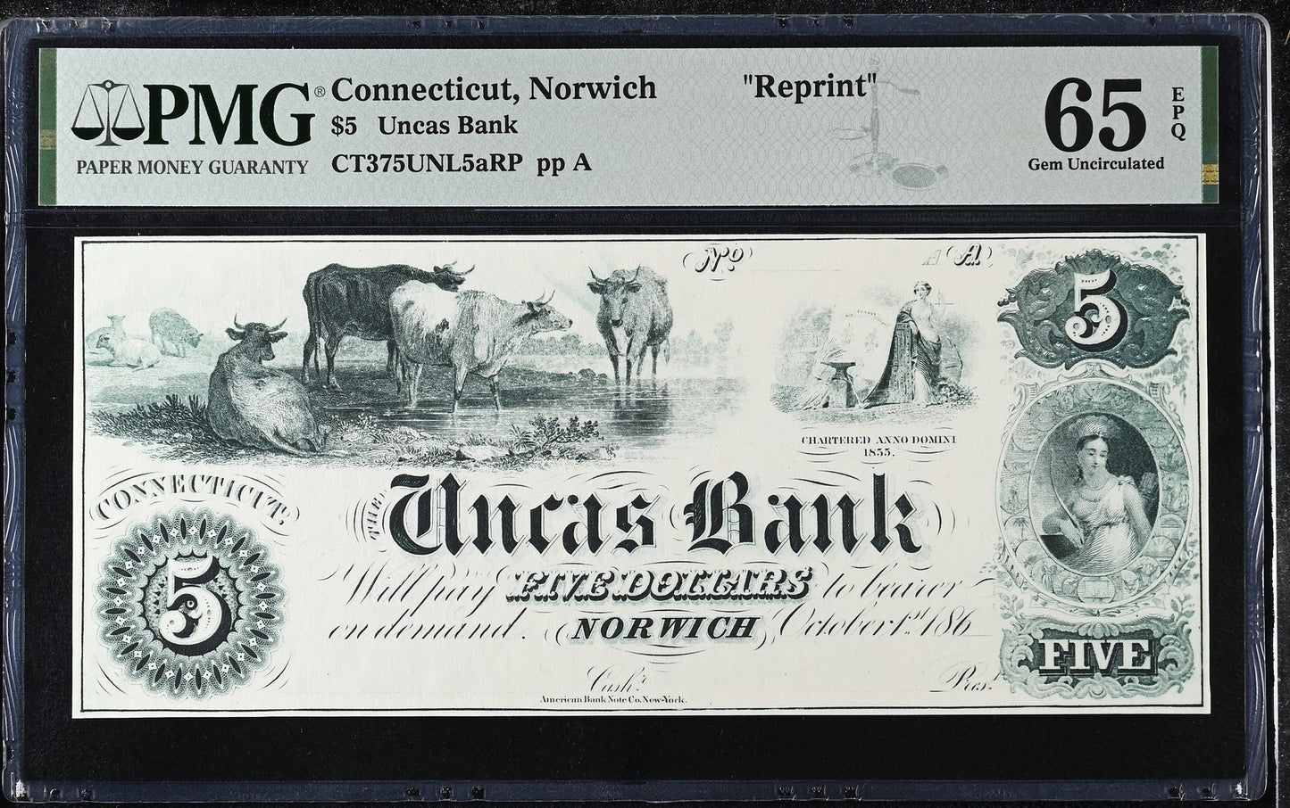 Connecticut Norwich Reprint 1-5$ Obsolete Bank Note UNC PMG 65 EPQ Set 3 pcs
