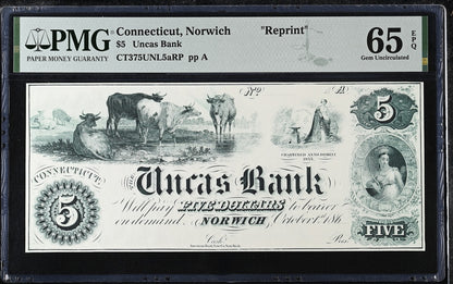 Connecticut Norwich Reprint 1-5$ Obsolete Bank Note UNC PMG 65 EPQ Set 3 pcs