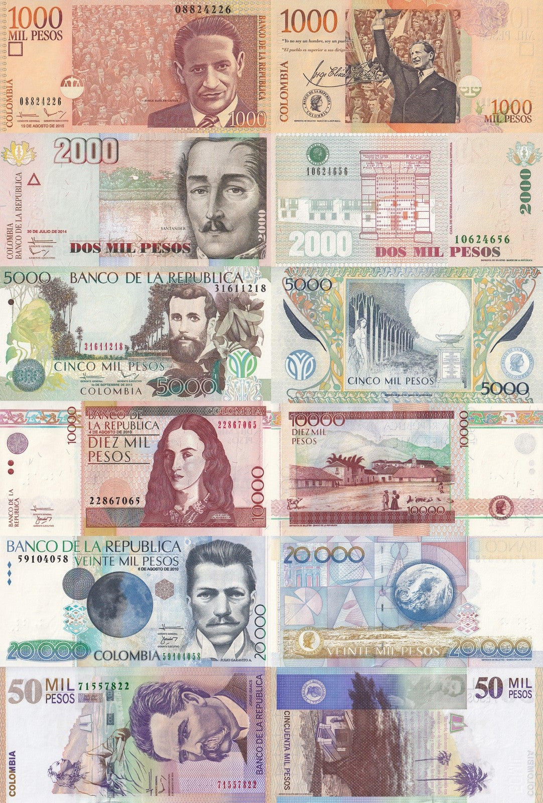 Colombia 1000 -5000 Pesos 2010-2015 P 456t 457y 452p 453 454w 455 UNC Set 6 pcs