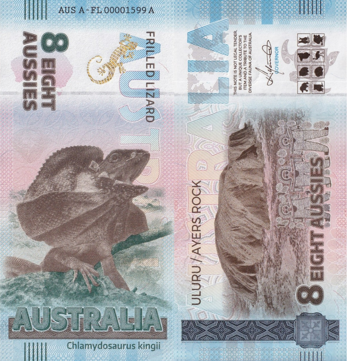 Australia TEST NOTE Souvenir Note 8 Aussie Frilled Lizard UNC