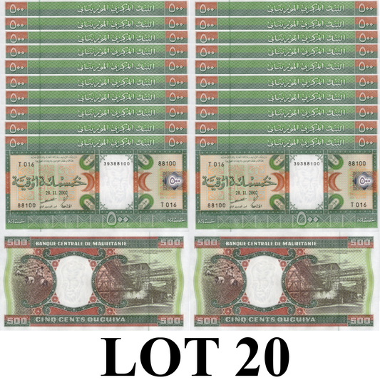 Mauritania 500 Ouguiya 2002 P 8c UNC 1/5 Bundle Lot 20 pcs