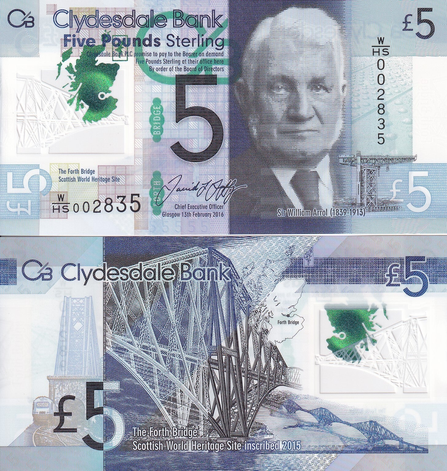 Scotland 5 Pounds Sterling 2016 P 229O Polymer UNC Commemorative