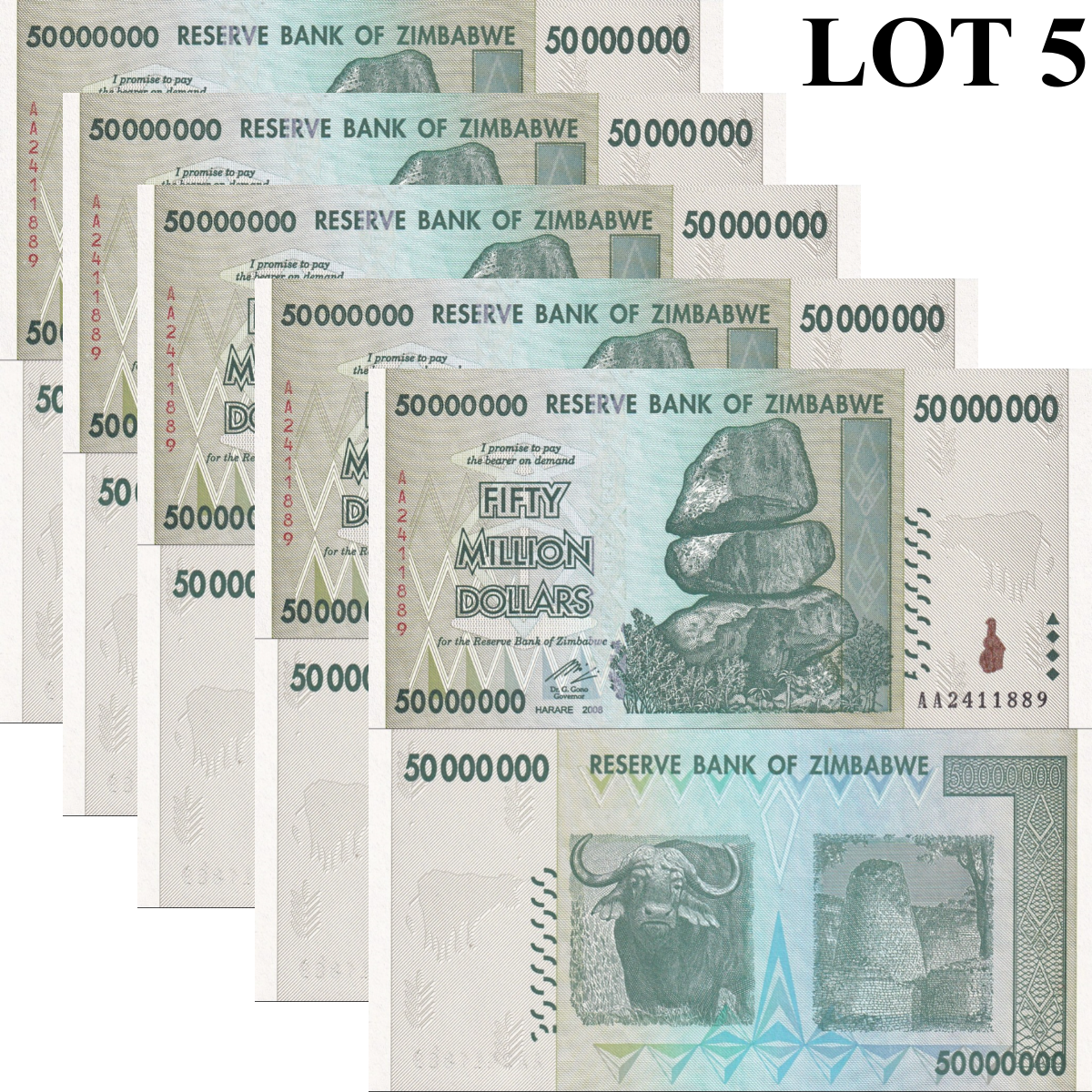 Zimbabwe 50000000 Dollars 2008 P 79 UNC AA Prefix 1/20 Bundle Lot 5 pcs