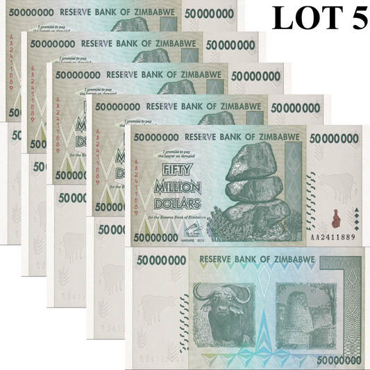 Zimbabwe 50000000 Dollars 2008 P 79 UNC AA Prefix 1/20 Bundle Lot 5 pcs