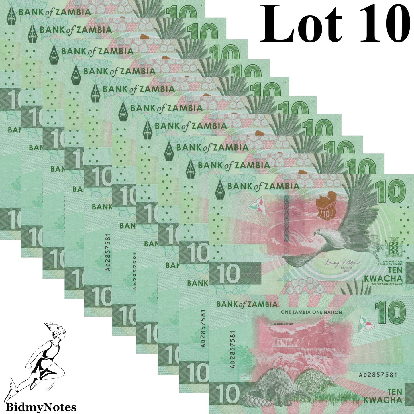 Zambia 10 Kwacha 2024 2025 P New Issue UNC 1/10 Bundle LOT 10 pcs