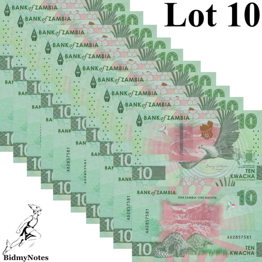 Zambia 10 Kwacha 2024 2025 P New Issue UNC 1/10 Bundle LOT 10 pcs