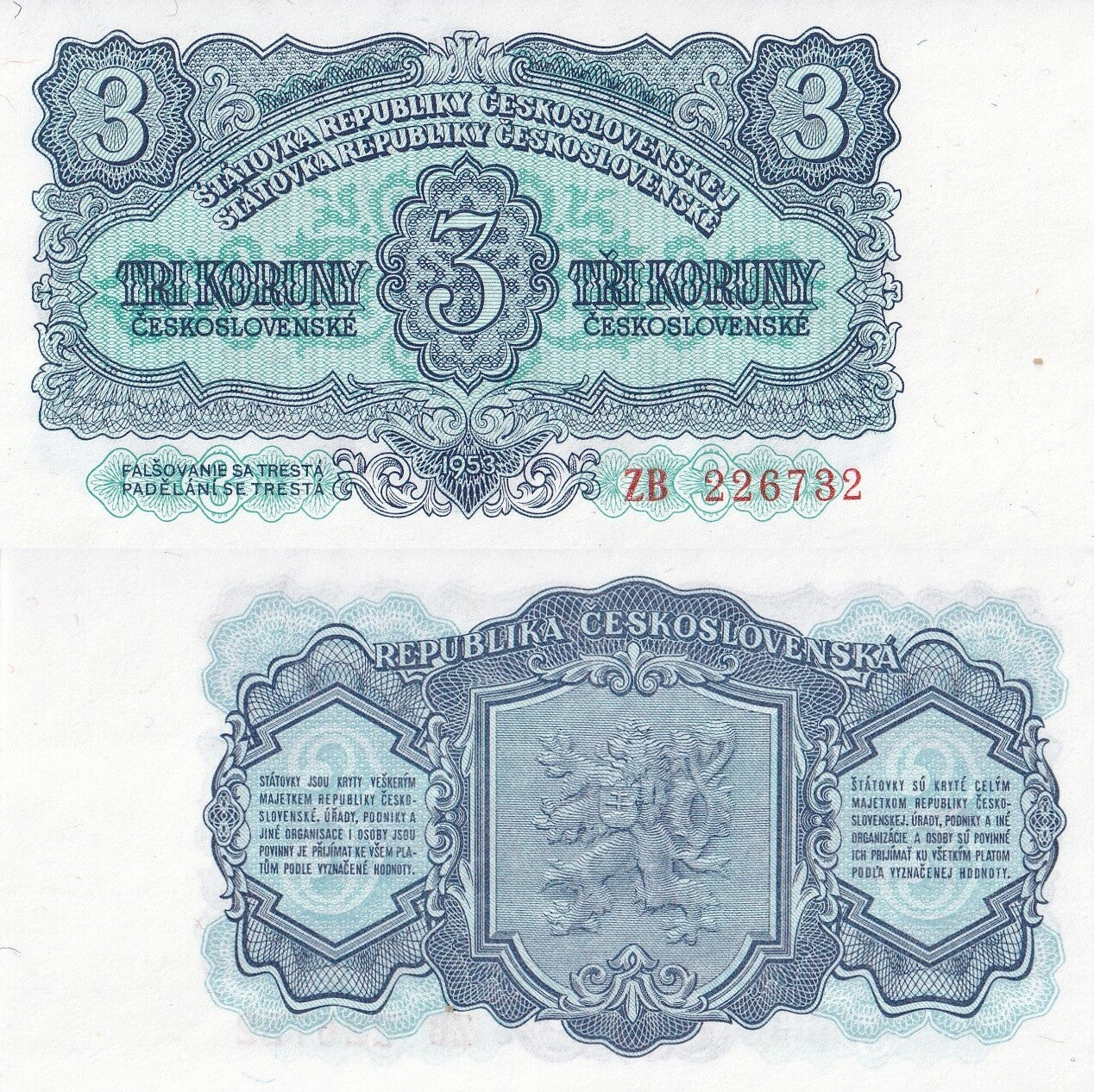 Czechoslovakia 3 Koruny Ceskoslovenske 1953 P 79a UNC