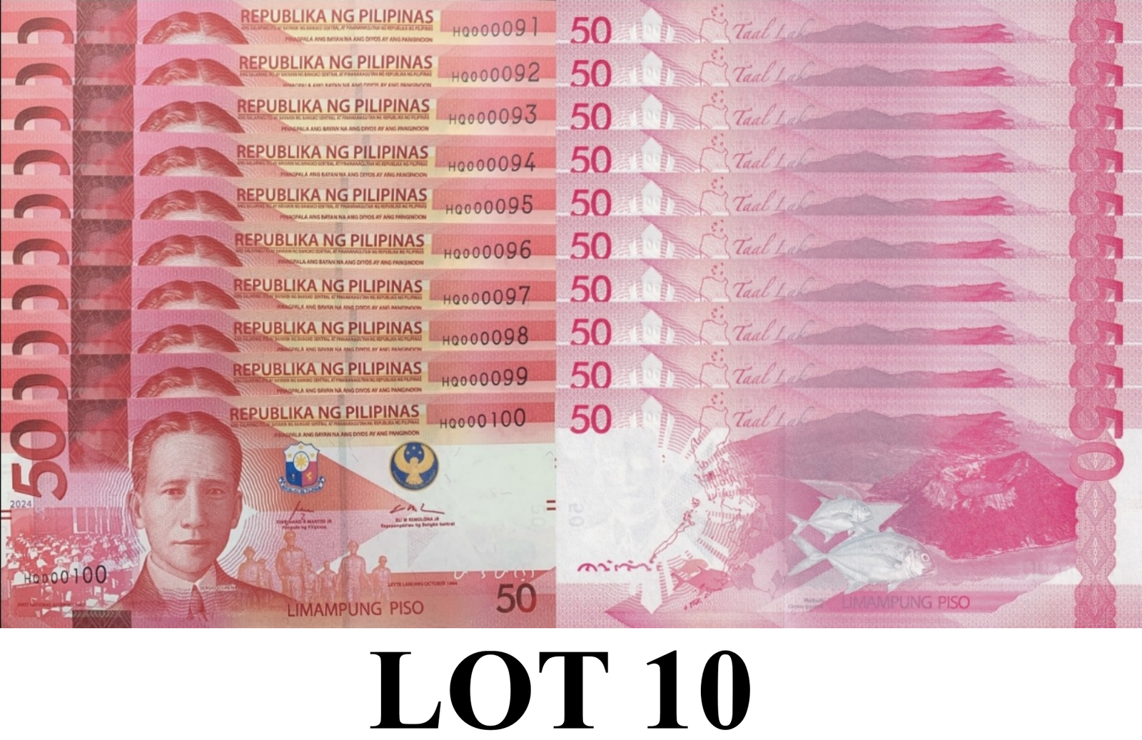 Philippines 50 Piso 2024 P 231A UNC Consecutive Lot 10 pcs LOW S/N 91-100