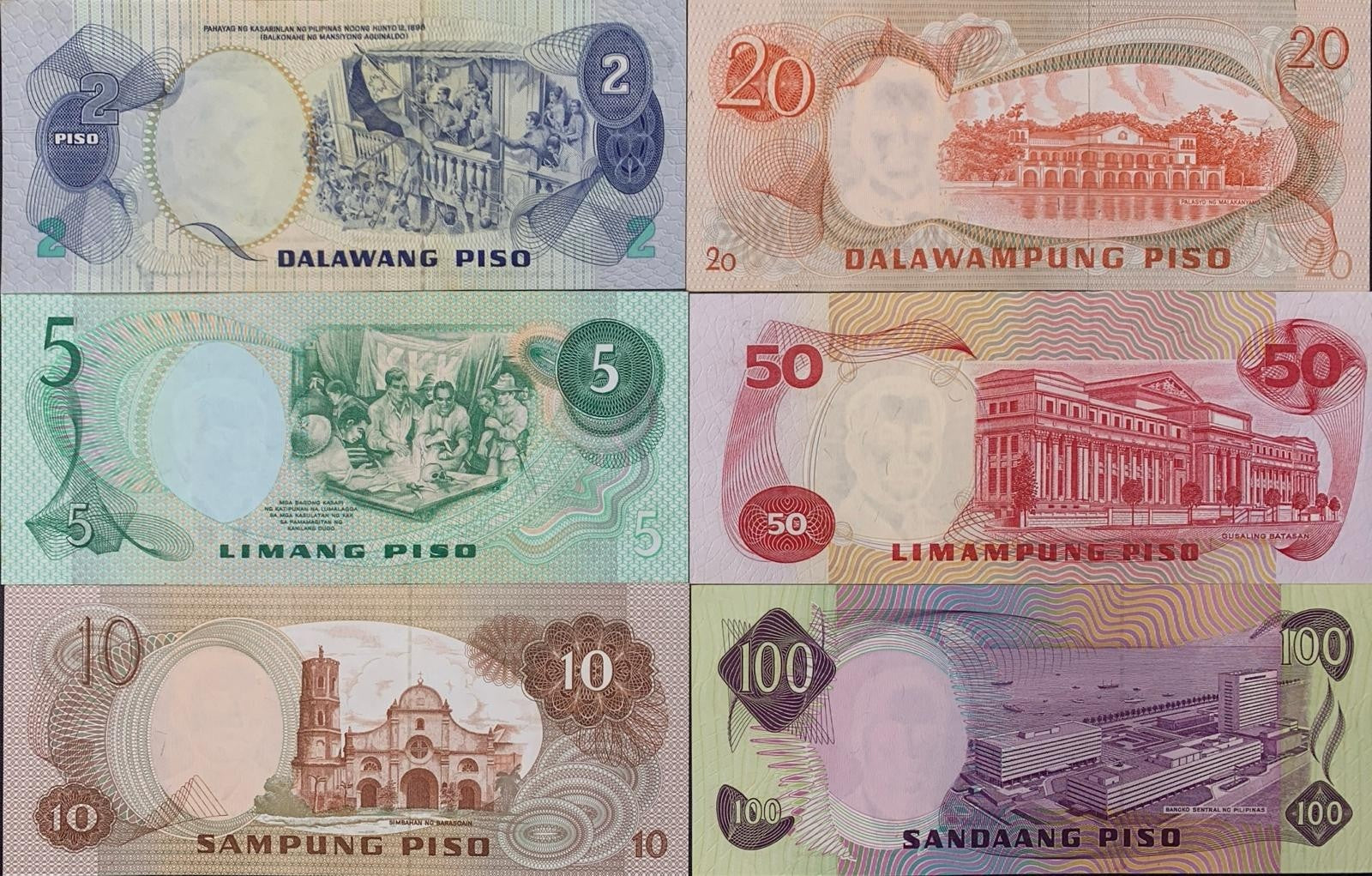 Philippines 2 5-100 Piso ND 1970-78 P 152 155 158-163b UNC MINOR FOXING Set 6 p