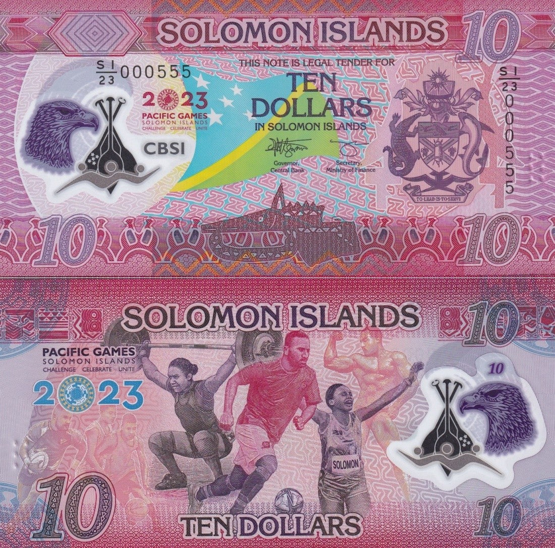 Solomon Islands 10 Dollars 2023 P 39 New Polymer UNC COMM. Fancy S/N 000555