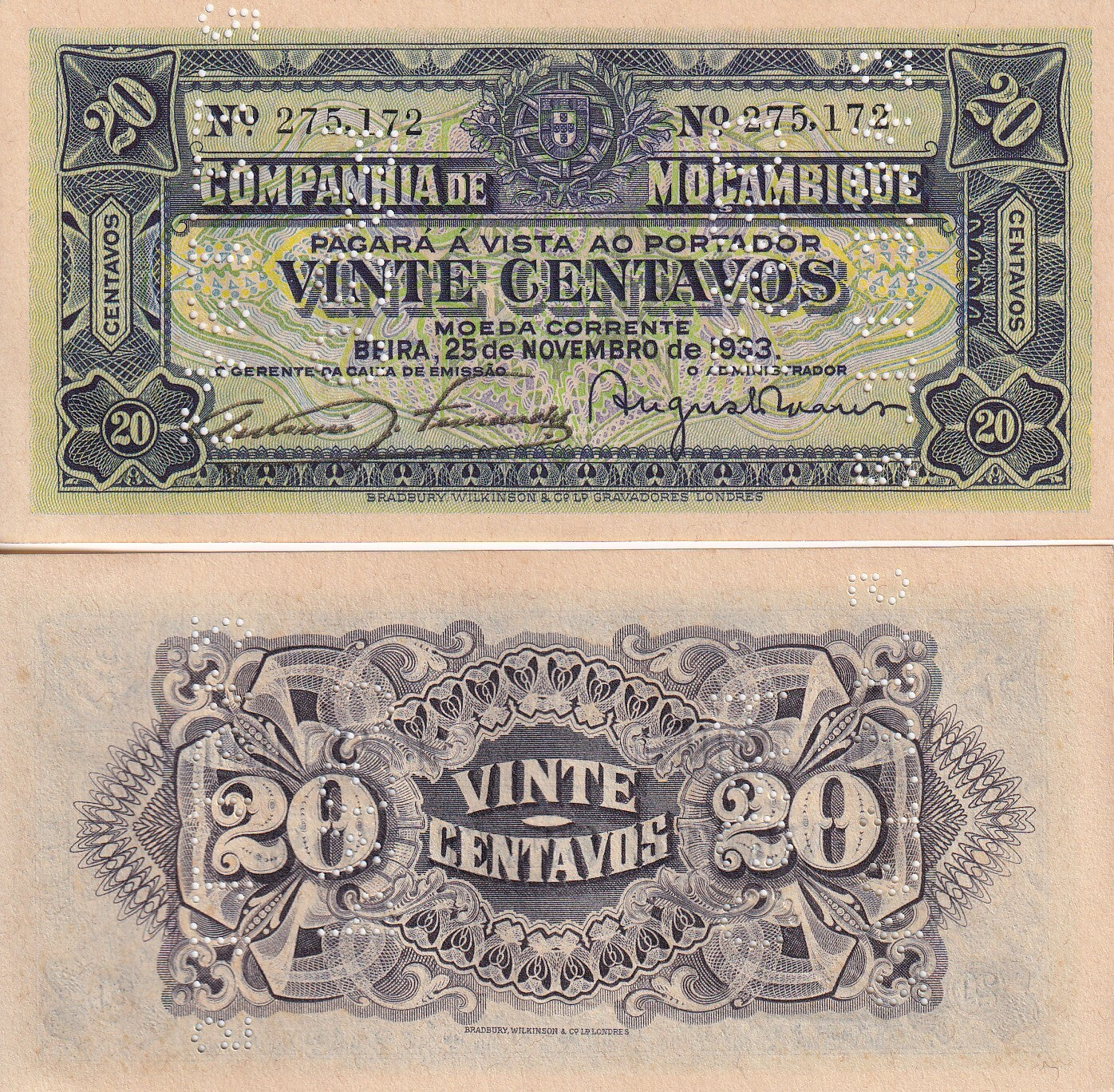 Mozambique 20 Centavos 1933 P R29 UNC