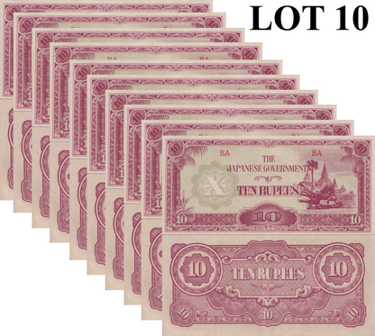 Myanmar Burma Japanese Occupation 10 Rupees ND 1942-1944 P 16b UNC Lot 10 pcs
