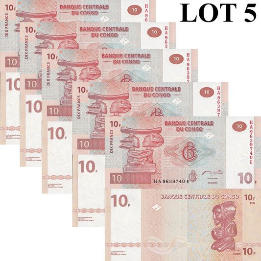 Congo Democratic Republic 10 Francs 2003 P 93 UNC 1/20 Bundle Lot 5 pcs