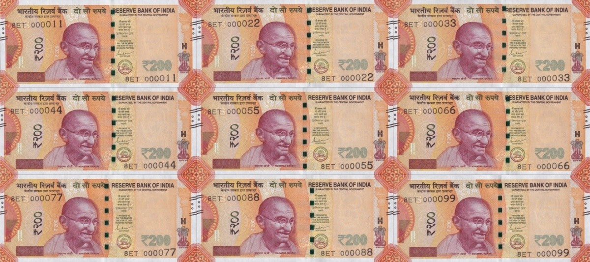 India 200 Rupees 2023 P 113 UNC Set 9 pcs Match Prefix 8ET LOW S/N 000011-000099
