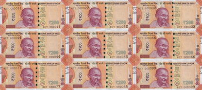 India 200 Rupees 2023 P 113 UNC Set 9 pcs Match Prefix 8ET LOW S/N 000011-000099