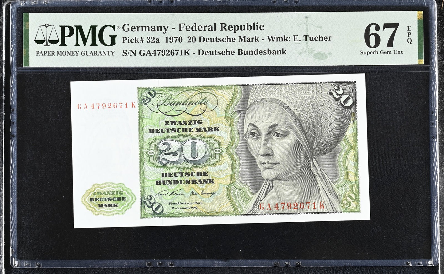 Germany Federal Republic 20 Deutsche Mark 1970 P 32a UNC PMG 67 EPQ 3rd TOP POP