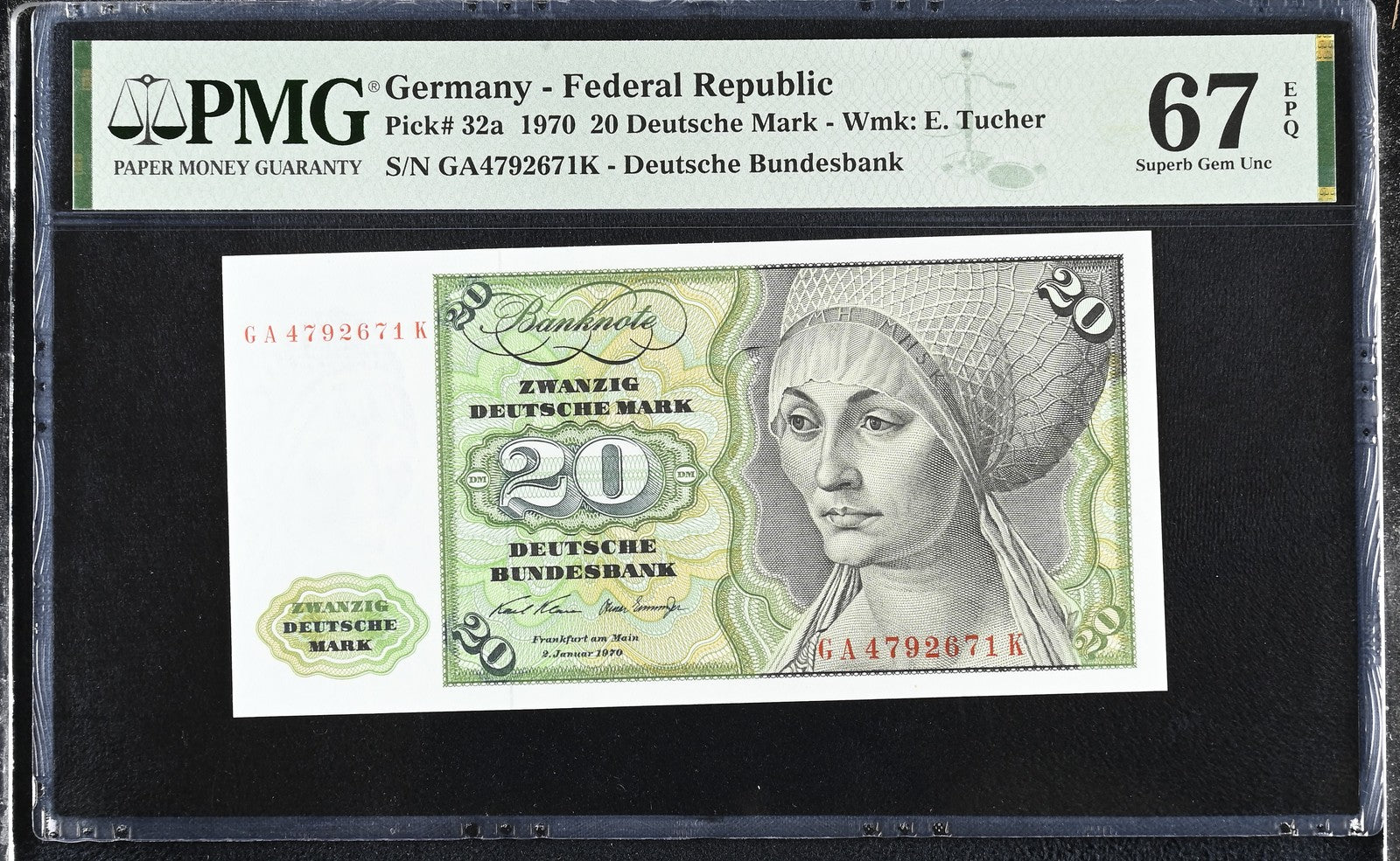 Germany Federal Republic 20 Deutsche Mark 1970 P 32a UNC PMG 67 EPQ 3rd TOP POP
