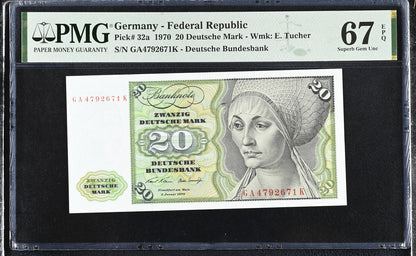 Germany Federal Republic 20 Deutsche Mark 1970 P 32a UNC PMG 67 EPQ 3rd TOP POP