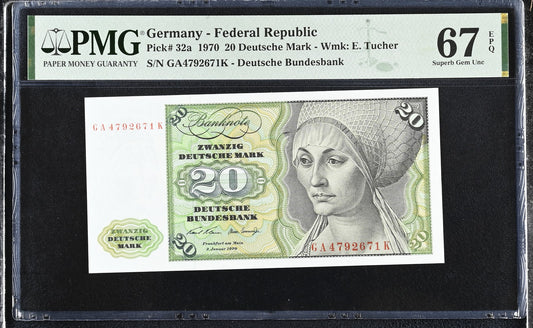 Germany Federal Republic 20 Deutsche Mark 1970 P 32a UNC PMG 67 EPQ 3rd TOP POP