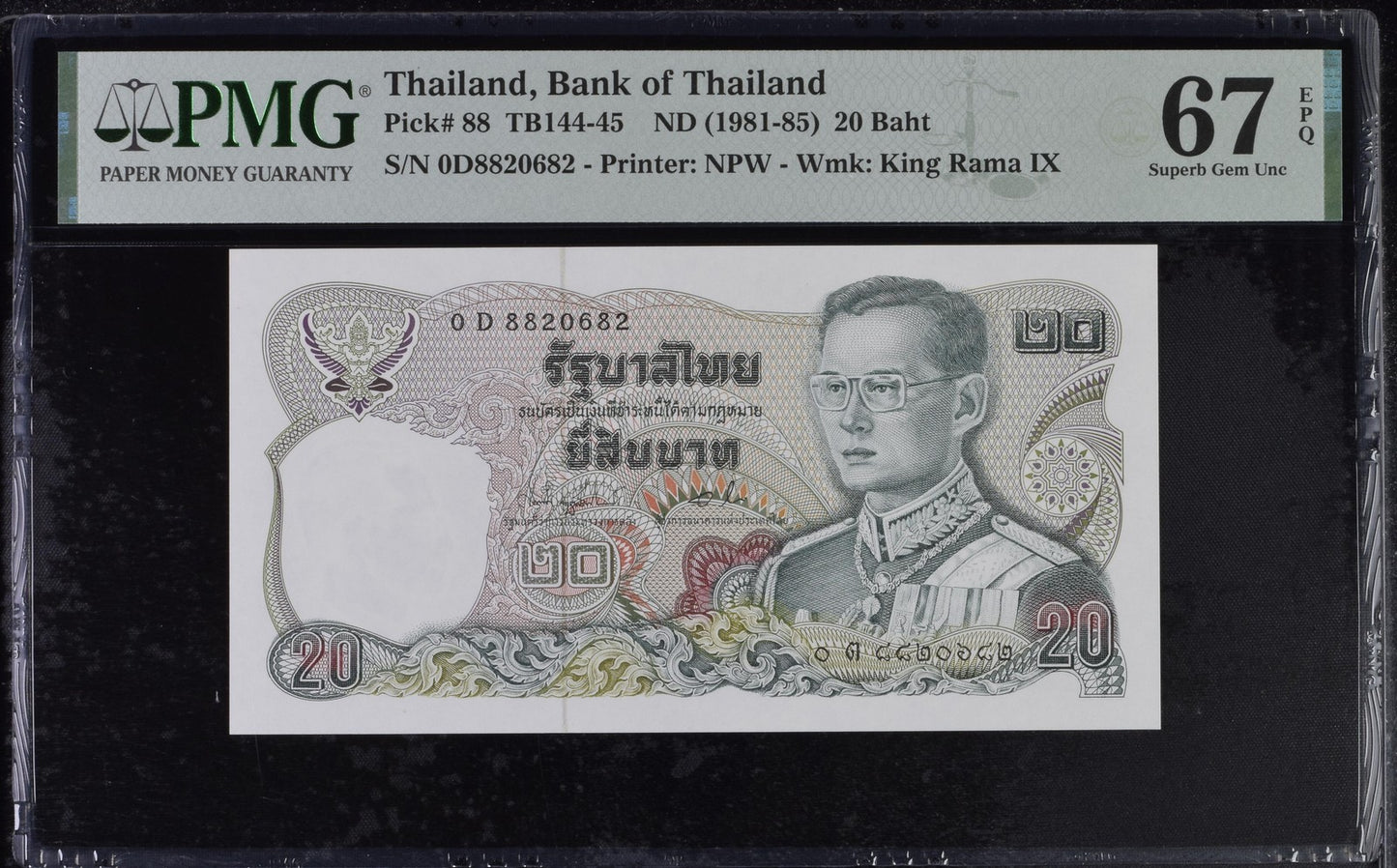 Thailand Bank of Thailand 20 Baht ND (1981-85) P 88 UNC PMG 67 EPQ 3rd TOP POP