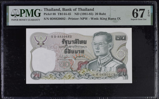 Thailand Bank of Thailand 20 Baht ND (1981-85) P 88 UNC PMG 67 EPQ 3rd TOP POP