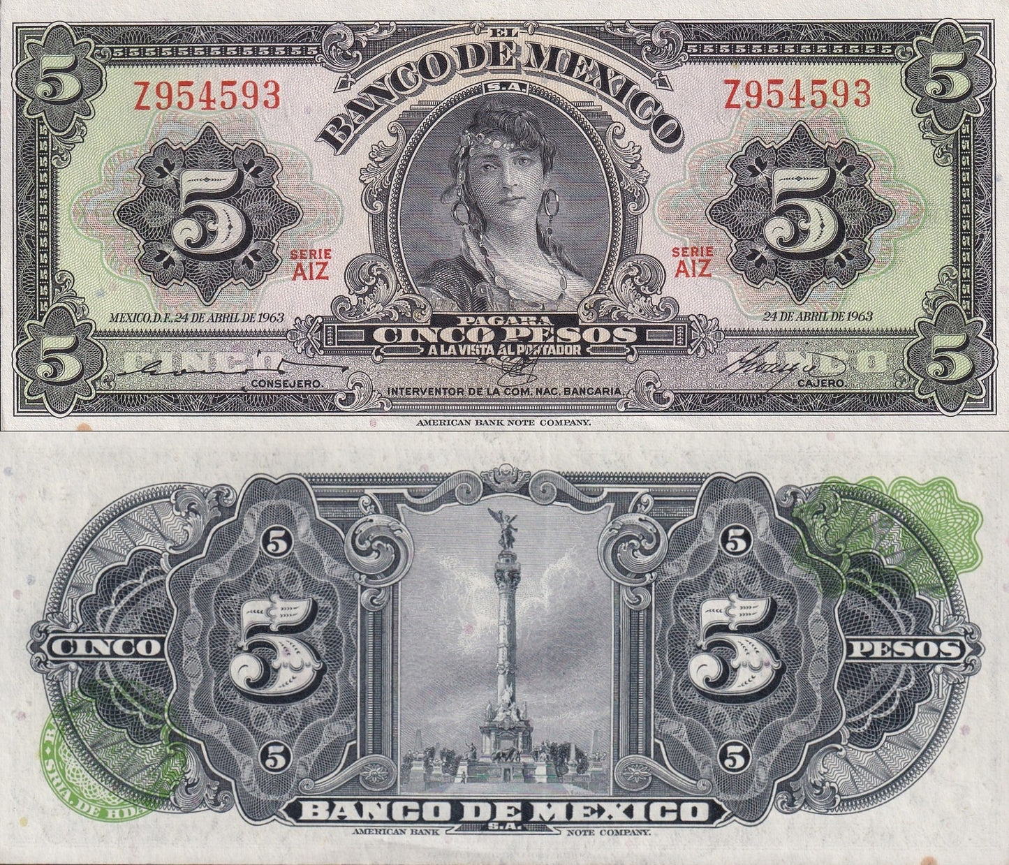 Mexico 5 Pesos 1963 P 60h SERIE AIZ UNC