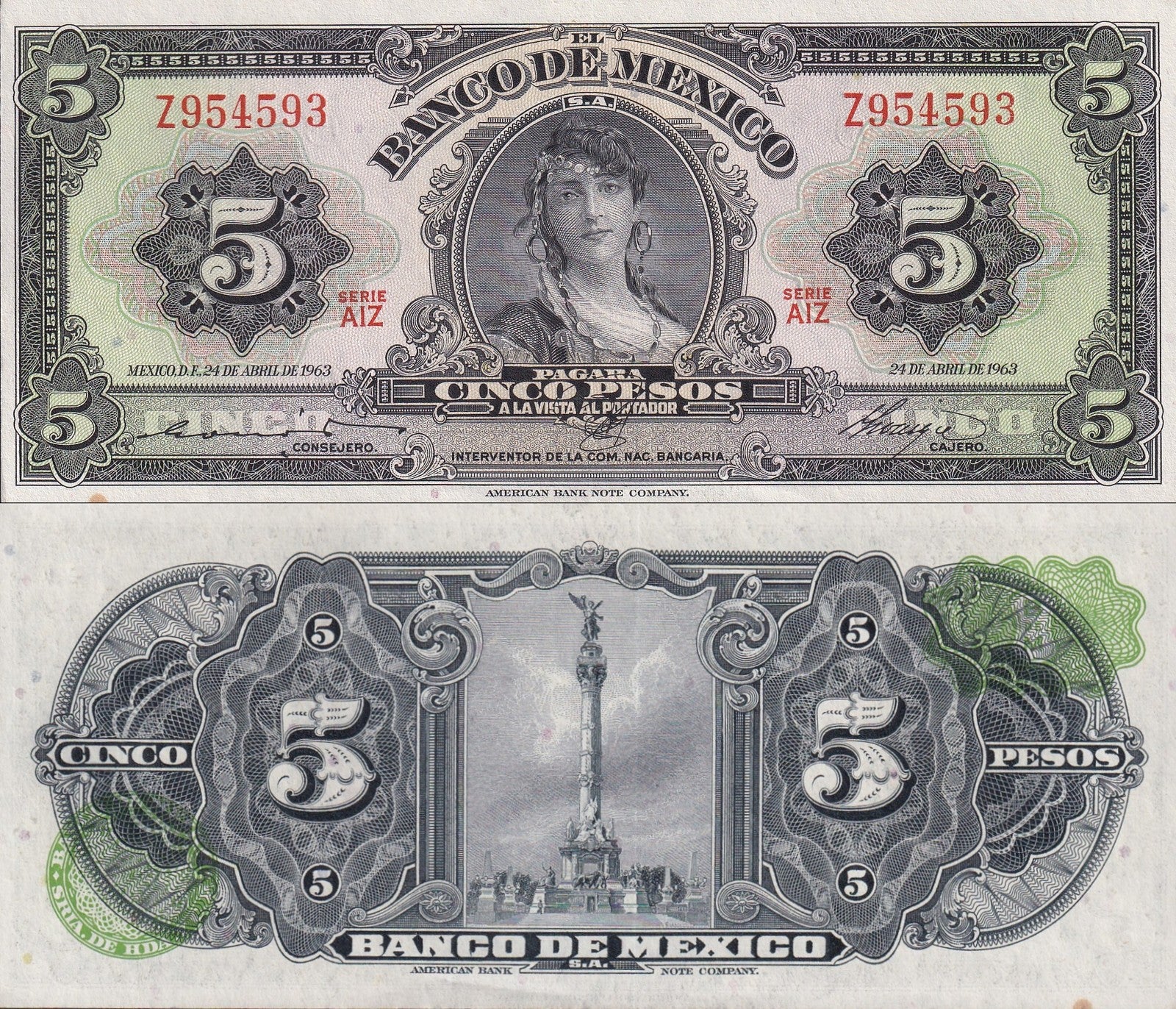 Mexico 5 Pesos 1963 P 60h SERIE AIZ UNC