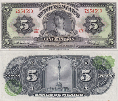 Mexico 5 Pesos 1963 P 60h SERIE AIZ UNC