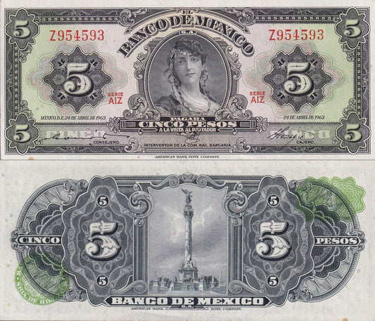 Mexico 5 Pesos 1963 P 60h SERIE AIZ UNC