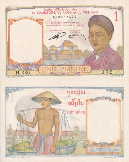 french Indochina 1 Piastre ND 1953 P 92 UNC MINOR FOXING