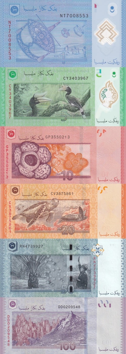 Malaysia 1 5 10 20-100 Ringgit 2009-11 P 50-56 Paper Polymer UNC COMM. Set 6