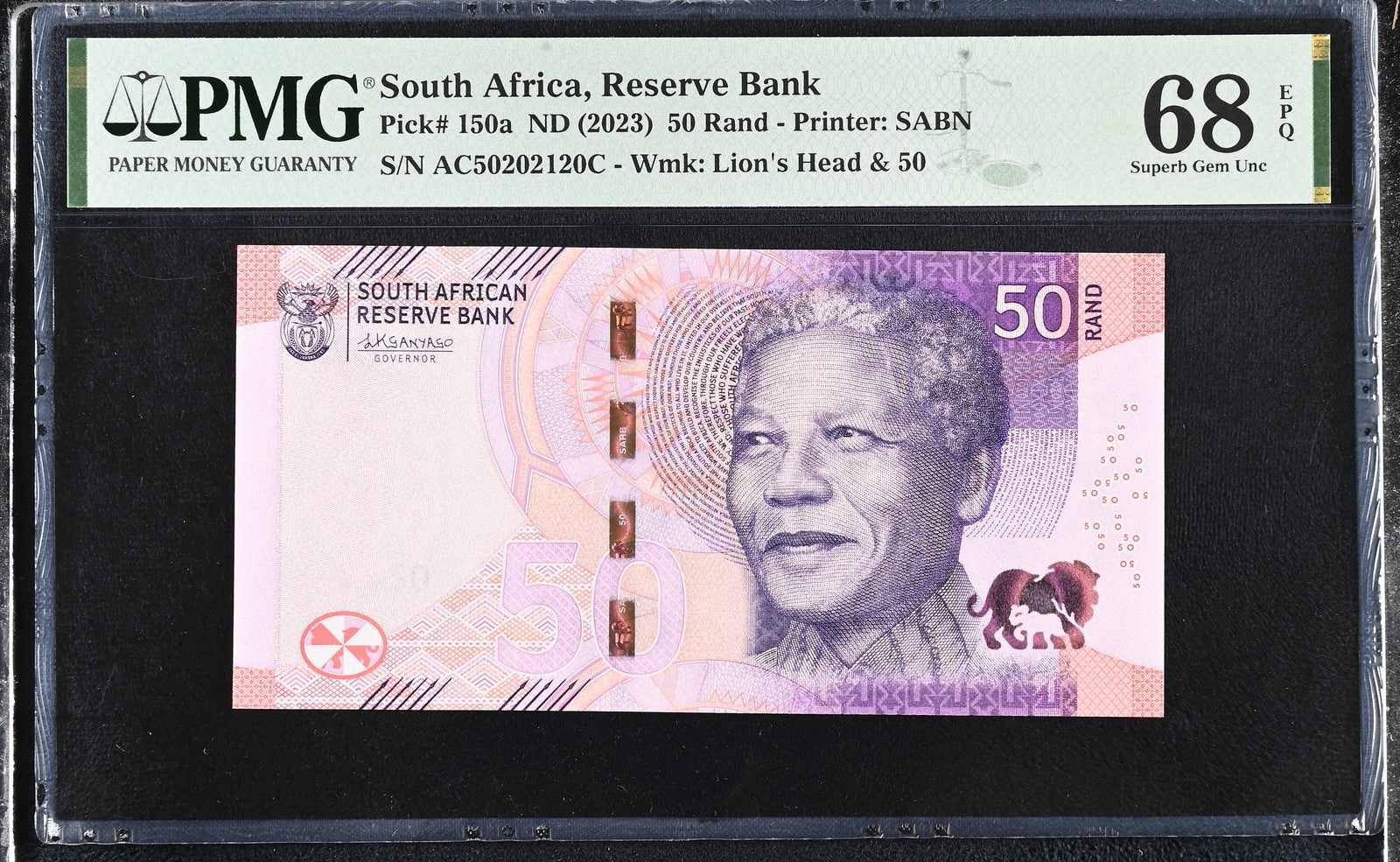 South Africa Reserve Bank 50 Rand ND (2023) P 150a UNC PMG 68 EPQ 2nd TOP POP