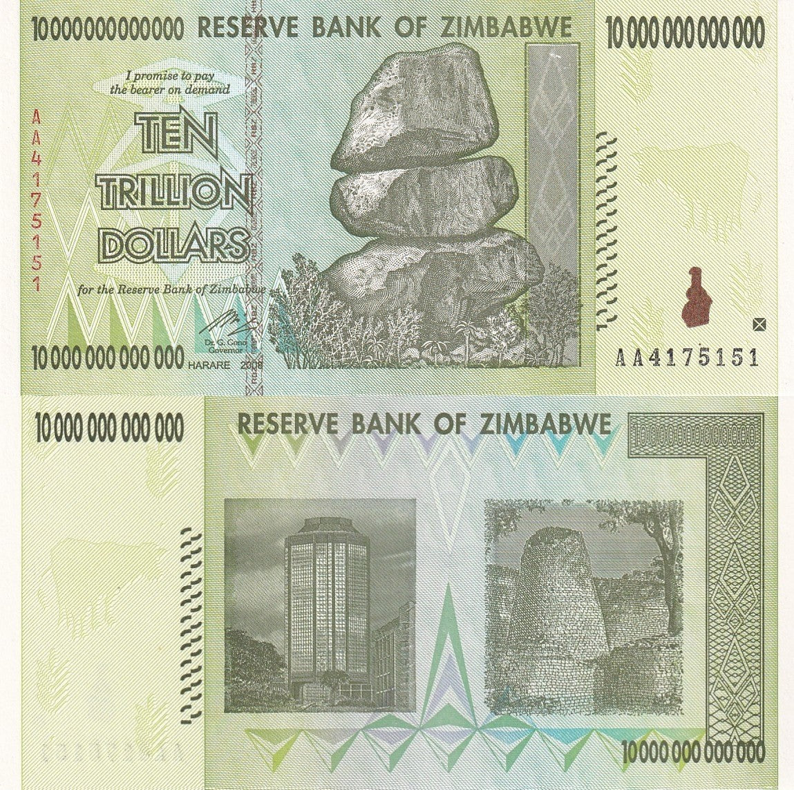 Zimbabwe 10 Trillion Dollars 2008 P 88 UNC AA First Prefix