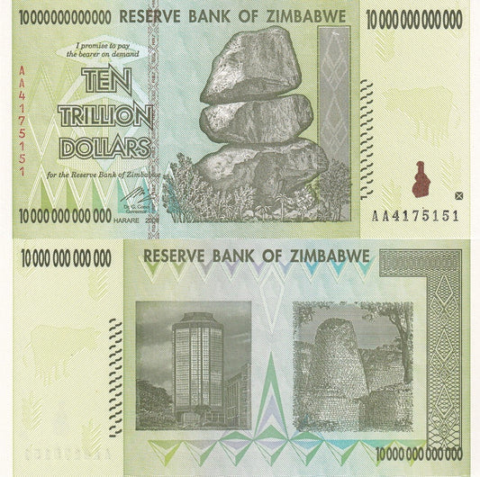 Zimbabwe 10 Trillion Dollars 2008 P 88 UNC AA First Prefix