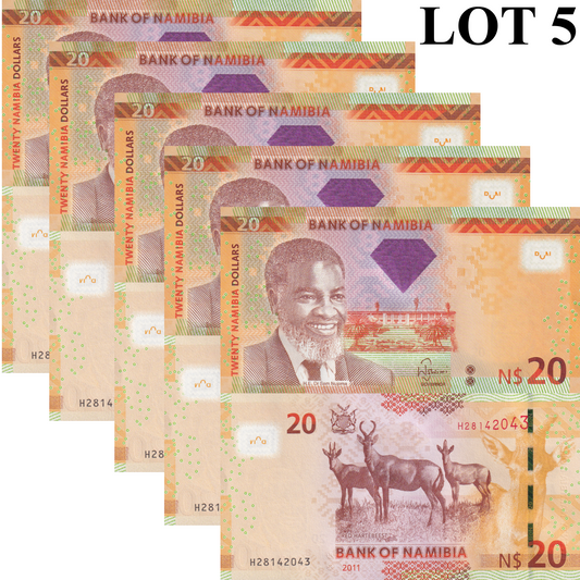 Namibia 20 Namibia Dollars 2011 P 12a Antelopes UNC 1/20 Bundle Lot 5 pcs
