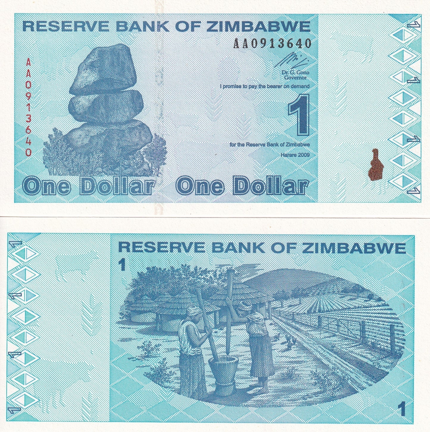 Zimbabwe 1 Dollar 2009 P 92 UNC AA  Frist Preflix