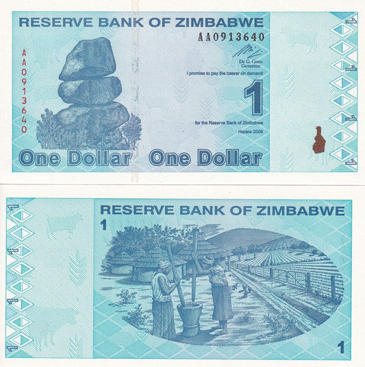 Zimbabwe 1 Dollar 2009 P 92 UNC AA  Frist Preflix
