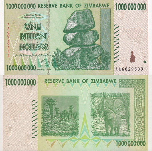 Zimbabwe 1000000000 Dollars 2008 P 83 UNC AA First Prefix