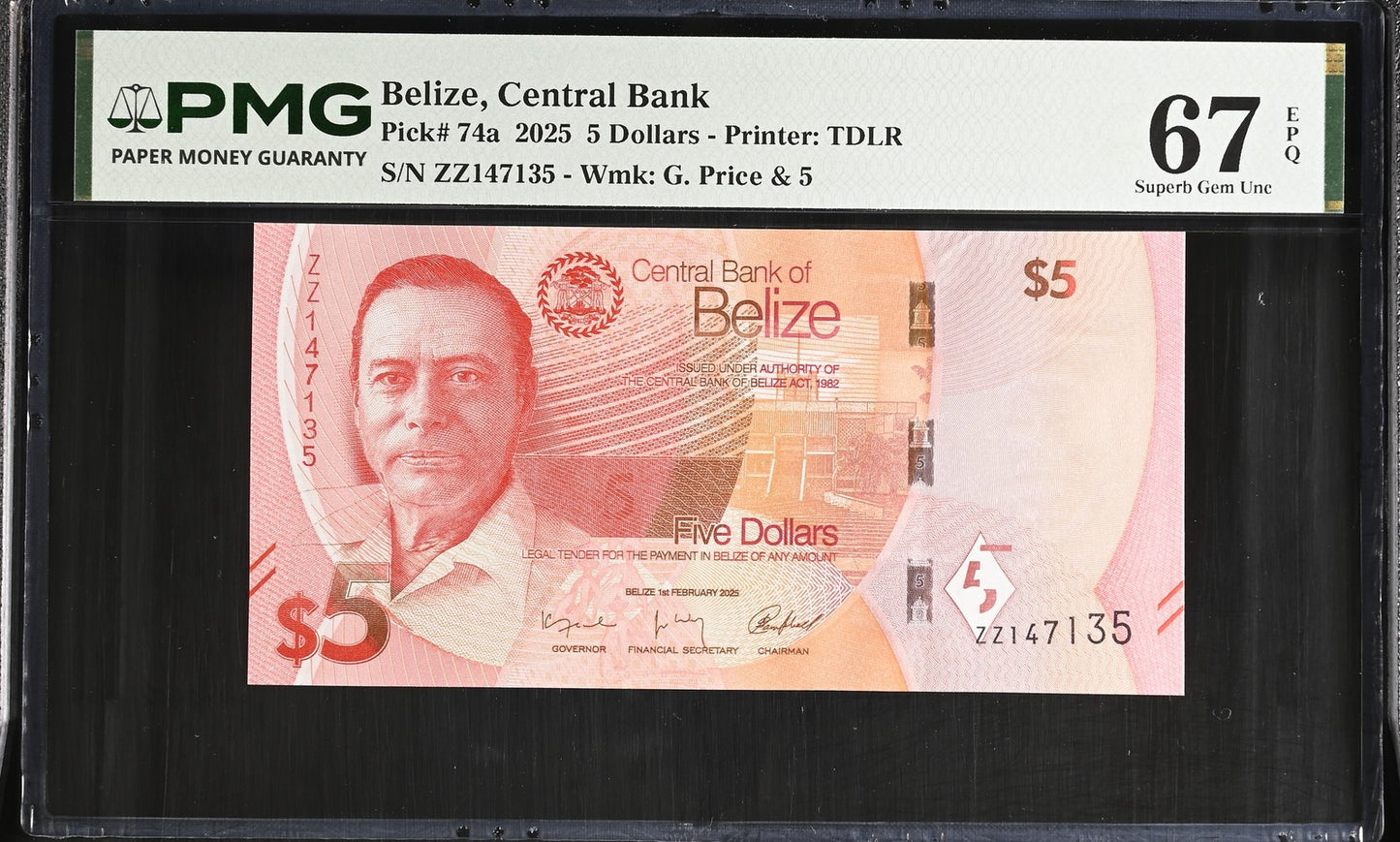 Belize 5 Dollars 2025 P 74a Repalcement ZZ UNC PMG 67 EPQ 2nd TOP POP