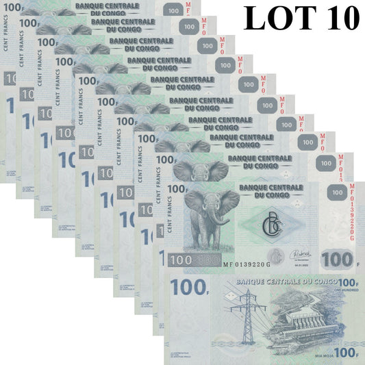 Congo Democratic Republic 100 Francs 2022 P 98B UNC 1/10 Bundle Lot 10 pcs