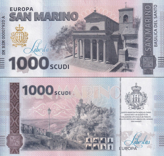 San Marino Republic 1000 Scudi Basilica Del Santo UNC Commemorative Test Note