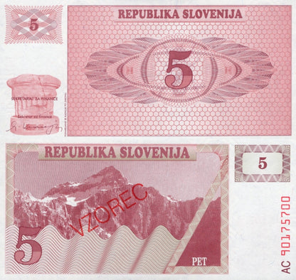 Slovenia 5 Tolarjev 1990 P 3 UNC Specimen 1/10 Bundle Lot 10 pcs