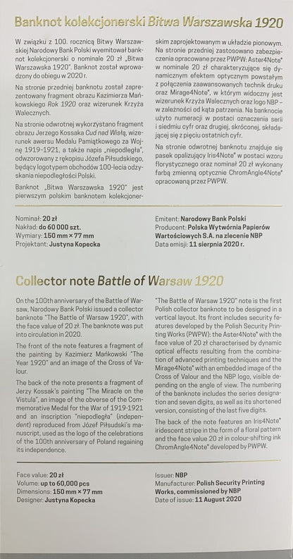 Poland 20 Zlotych 2020 P 194 UNC Commemorative Warsaw Battle  With Folder