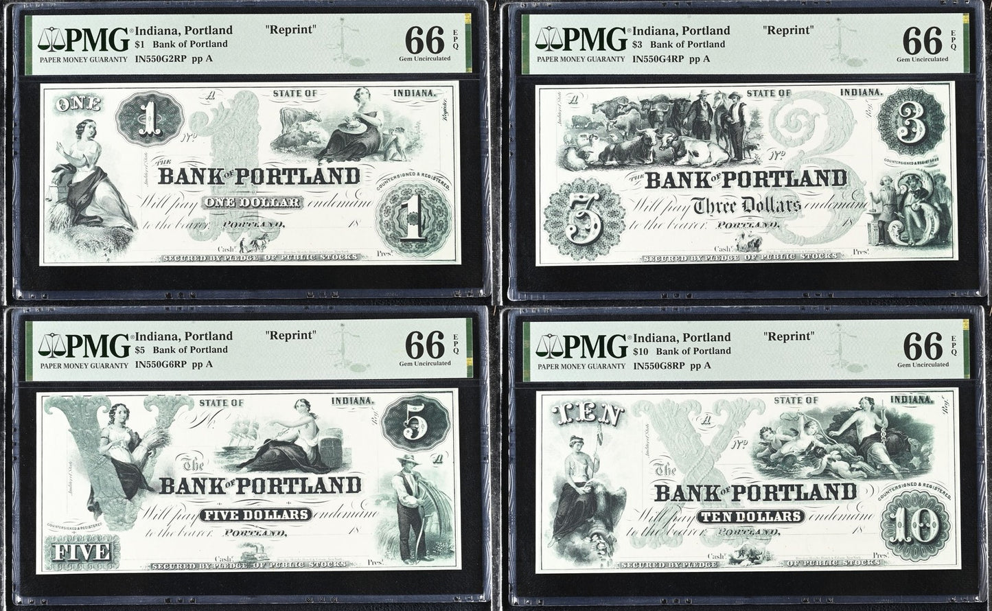 Indiana Portland Reprint 1-10$ Obsolete Bank Note UNC PMG 66 EPQ Set 4 pcs
