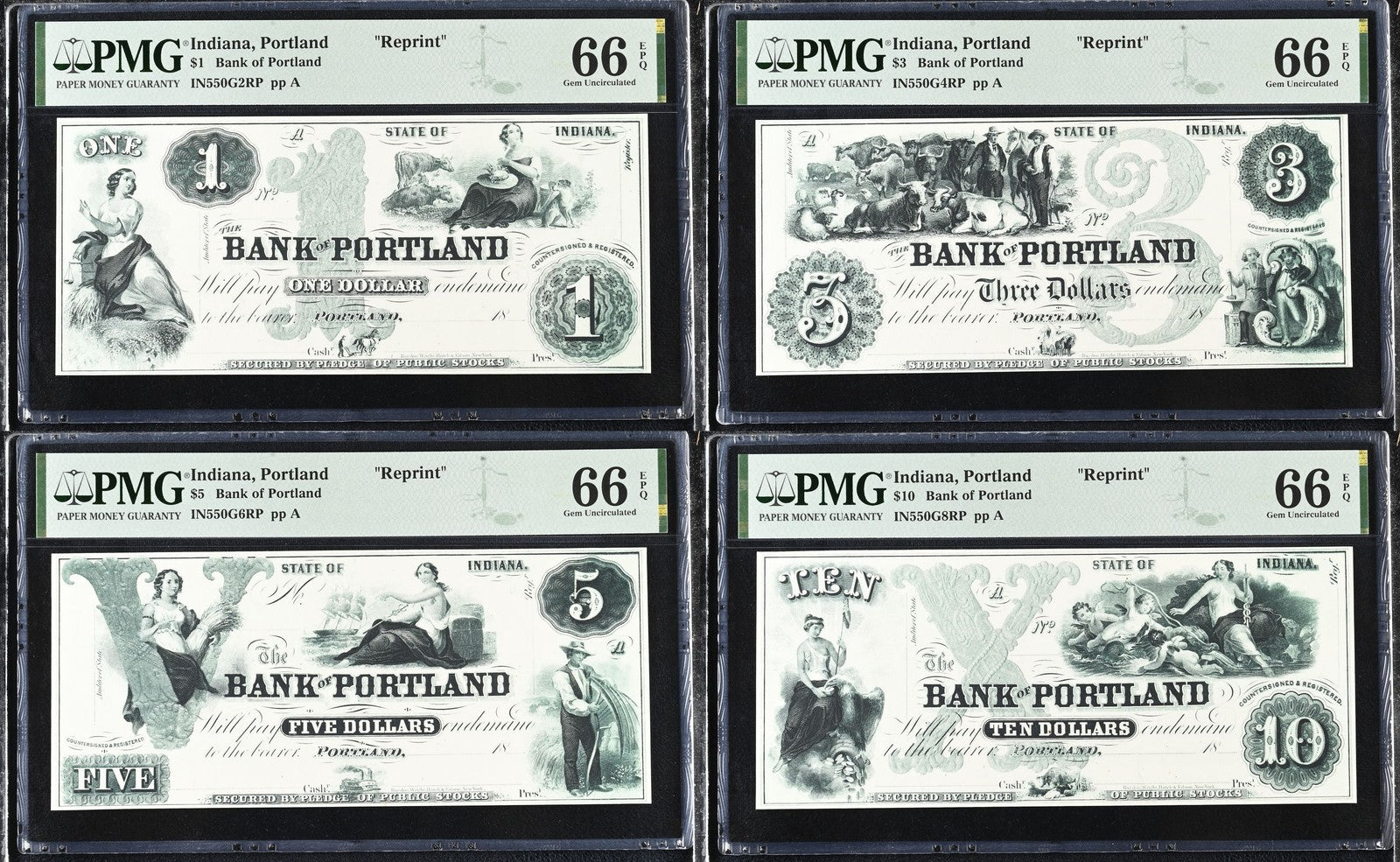 Indiana Portland Reprint 1-10$ Obsolete Bank Note UNC PMG 66 EPQ Set 4 pcs