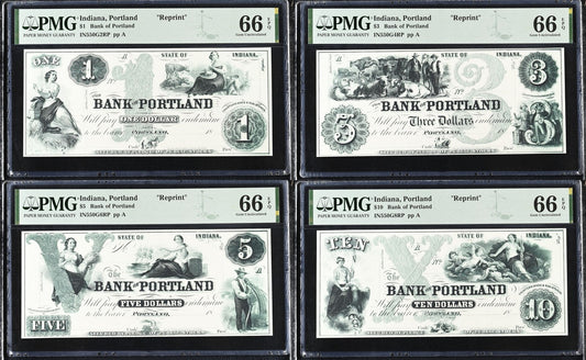 Indiana Portland Reprint 1-10$ Obsolete Bank Note UNC PMG 66 EPQ Set 4 pcs