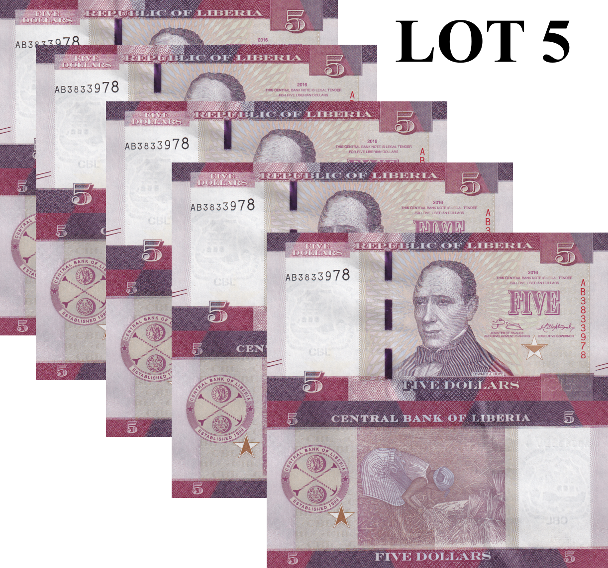 Liberia 5 Dollars 2016 P 31a UNC 1/20 Bundle Lot 5 pcs